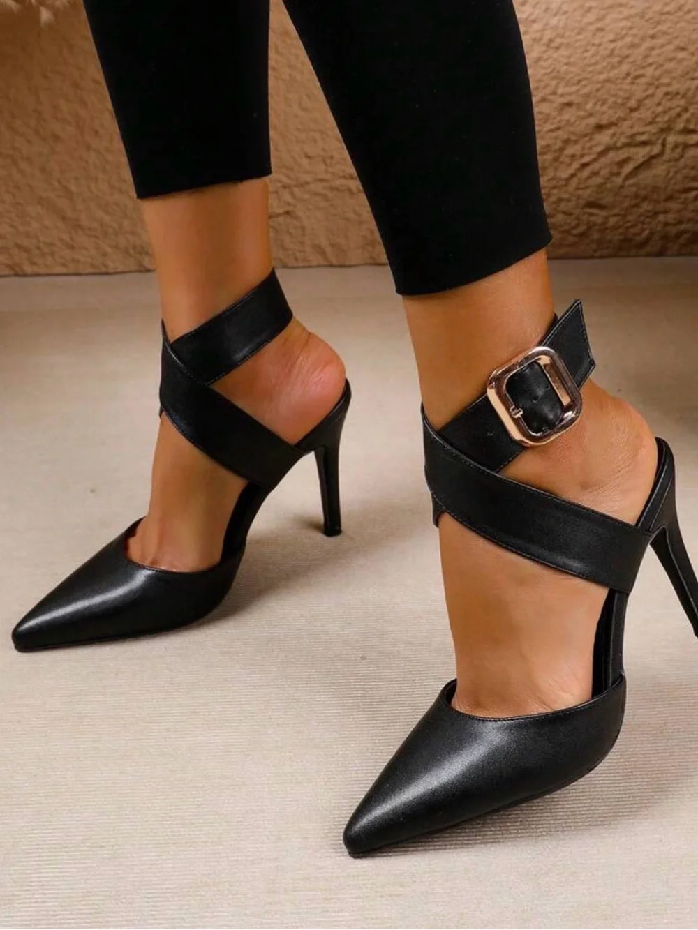 NEW Women's Black Pointed Toe Crisscross Ankle Strap Heels